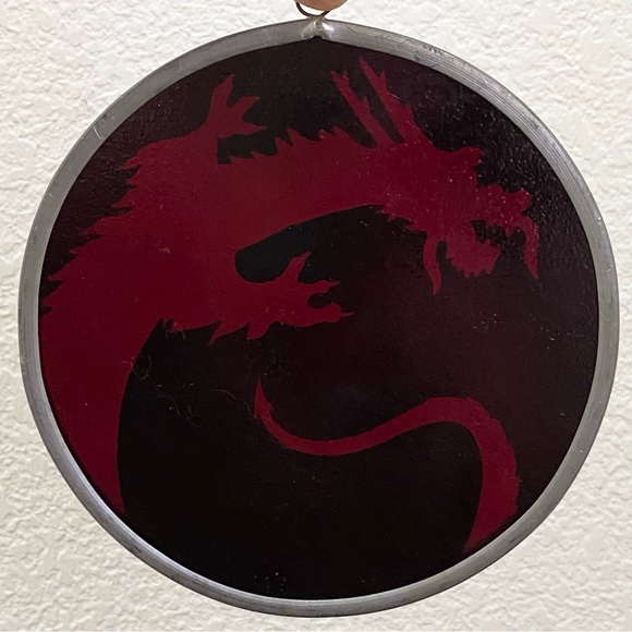 Vintage Handmade Dragon Foiled Mirrored Art Glass 6” Suncatcher Hanging Decor - Picture 6 of 12